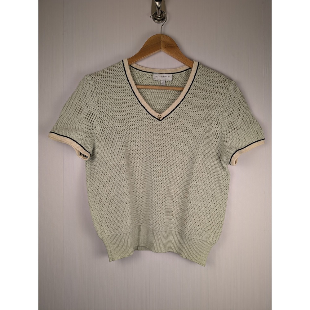 St John Sport Marie Gray Sage Green Knit V-Neck Short Sleeve Top Size P